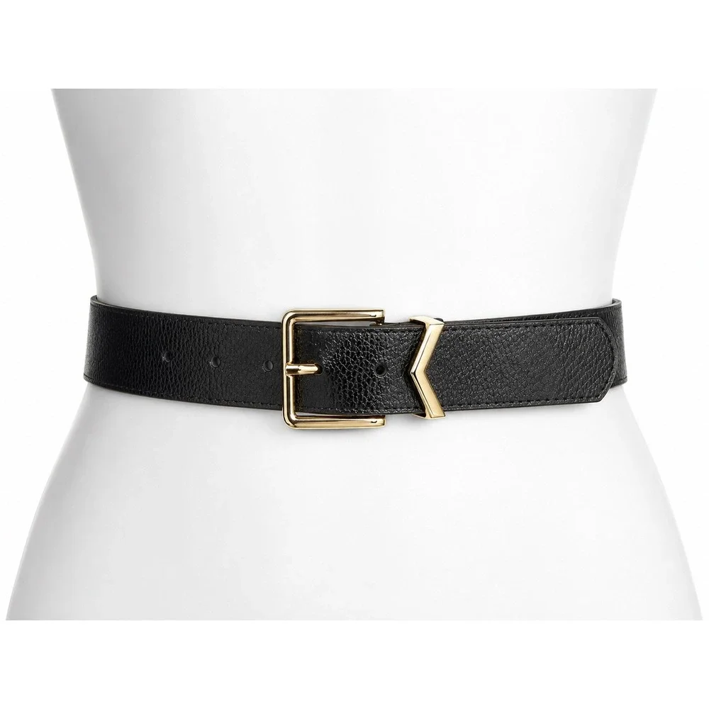 Vince Camuto Belt Women Large Black Gold Chevron Buckle Pebbled Faux Leather
